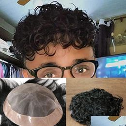 Heren Extensions Pruiken 20Mm Krullend 1B Zwart Duurzaam Mono Toupetje Haarsysteem Mannen Haarstukje 360 Golf Man 100% Menselijk Ademend Rep Dhqab