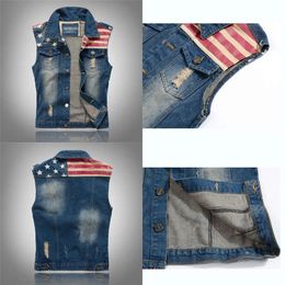 Veste de conception plissée pour hommes Veste en denim America drapeau bleu gildoiement sans manches jeans sans manches