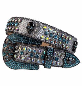 Herenmode Bling Kristal Zilver Glitter Leer Strass Riem Bezaaid Riem Afneembare Westerse Schedel Gesp met Schedel Concho1697055