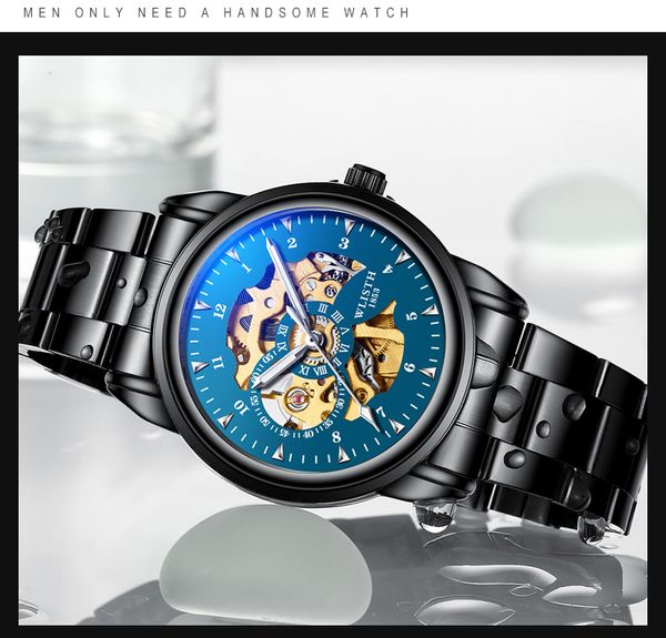 Calendrier d'affaires de mode pour hommes montres hommes cadran squelette bleu acier inoxydable maille ceinture analogique mouvement automatique montre