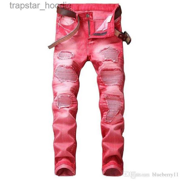 Moda masculina Agujero casual para hombres Hip Hop Biker Jeans rectos regulares Rojo Tallas grandes 29-42 L230918