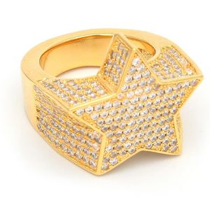 Herenmode koper goud zilver kleur vergulde overdrijven ring hoge kwaliteit iced out cz steen ster vorm ring sieraden