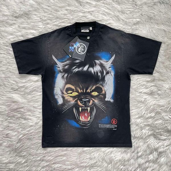 Diseñador de moda para hombre Hellstar classic Hellstar Classic camiseta Wash Wolf head Camiseta de manga corta con estampado de luna llena