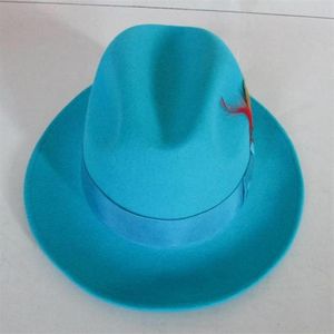 Casquette en laine Fedoras pour hommes, bleu lac, Jazz classique, feutre léger, chapeau Fedora, parrain Cowboy, B-8119 à large bord, Hats295O