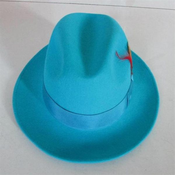 Gorra de lana Fedoras a la moda para hombre, sombrero Fedora de fieltro ligero clásico de Jazz azul lago para hombre, B-8119 de vaquero padrino, sombreros de ala ancha 295O