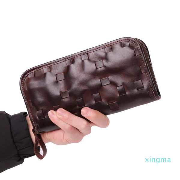 Portefeuille Vintage en cuir véritable pour hommes, pochette longue, fermeture éclair, grande capacité, organisateur de porte-cartes, porte-monnaie d'affaires