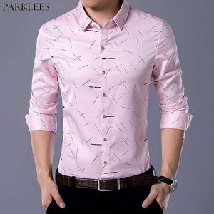 Lignes géométriques de mode masculine Chemise printemps Slim Fit à manches longues Shirt Business Casual Wedding Chemise Pink 210522