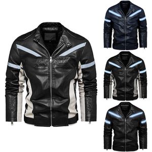 Herenmode PU lederen jas nacht reflecterende motorfiets jas warme patchwork winter jas met rits pocket 211009