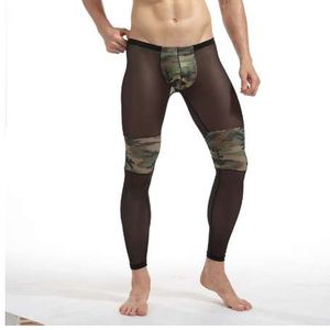 Mode homme Sexy Transparent Camouflage collants respirant musculation pure maille pleine longueur pantalon legging long john gay