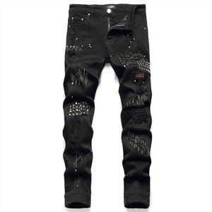 Jean Slim noir pour hommes, pantalon extensible à rivets, à la mode, pantalon crayon à Jet de peinture, vêtements streetwear décontractés, G0104, nouvelle collection 2021