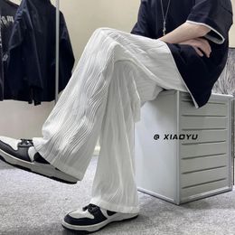 Pantalon droit plissé pour hommes, taille élastique, pantalons décontractés, rue, ample, en soie glacée, jambes larges, blanc, noir, M-5XL 240115