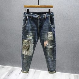 Mode homme Stretch épissage jean mince personnalité rue américain rétro Y2k Denim pantalon en détresse déchiré pantalon mâle 240104