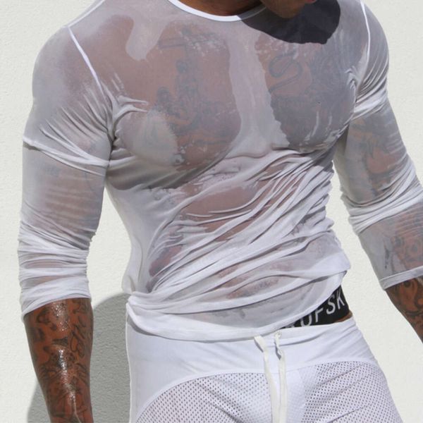 Maillot de corps transparent en maille de Nylon pour hommes, vêtements Gay, Slim, soirée, boîte de nuit, T-shirts à manches longues, sous-vêtements