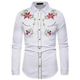 Chemise brodée à la mode pour hommes, Style occidental avec fleurs, manches longues, chemises décontractées 2728