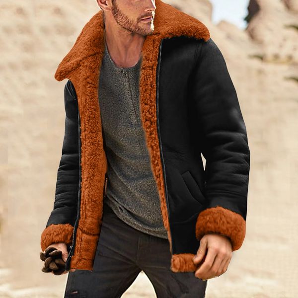 Chaqueta bomber clásica de piel sintética con cuello vuelto para hombre, abrigo de piel de oveja de invierno, chaqueta motera de cuero para hombre # T2G 231225