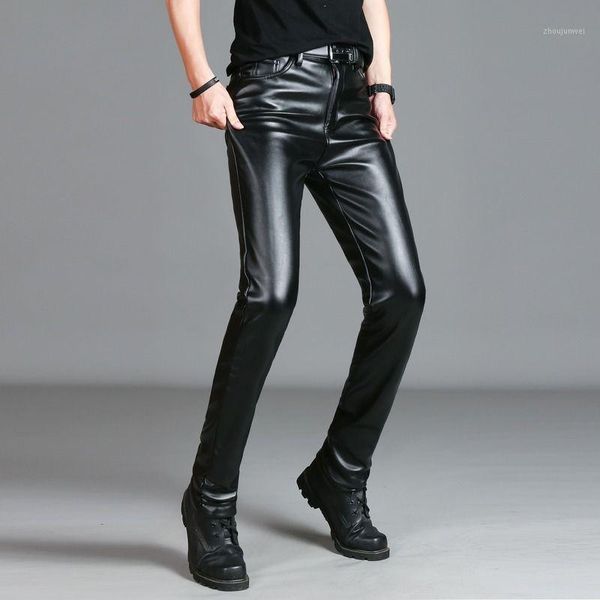 Pantalon en simili cuir pour hommes, extensible, noir, coupe cintrée, pour moto, décontracté, doublé de velours, PU