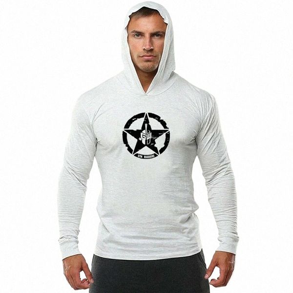 Fi Sportswear Fitn T-shirt à capuche Mens Lg manches Bodybuilding Tee-shirt Homme Gym Jogger Sweat-shirt d'entraînement T-shirt O5CW #