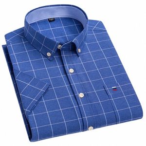 Fi Veelzijdig Oxford-overhemd met korte mouwen, enkele borstzak, regular-fit, comfortabele katoenen geruite gestreepte casual overhemden 03zR#