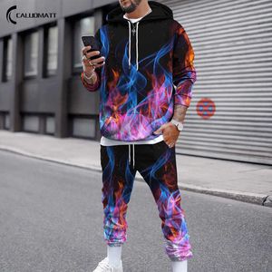 Ensemble de survêtement imprimé flamme pour hommes 2021 nouvel hiver automne décontracté à manches longues pull à capuche surdimensionné haut + pantalon de survêtement tenue de survêtement X0909