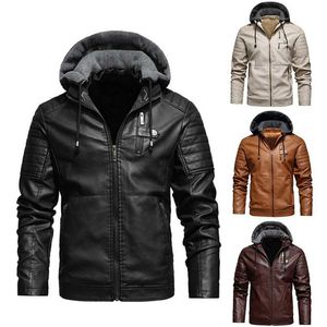 Heren fleece voering PU lederen dikker jassen jassen met capuchon herfst winter casual motorfiets jas windjack biker jassen 211008