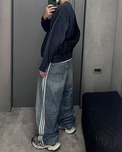 Les hommes pour un pantalon bleu lavé en denim droit en vrac à rayures Baggy large jambe évasée jeans Streetwear masculin