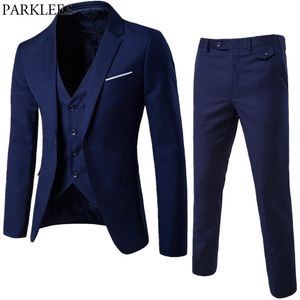 Mannen Formele Business Slim Fit Navy Blue 3pc Suits (Jas + Broek + Vest) Lente One Button Notched Revers Costume Homme 210522