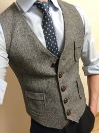 Chaleco de traje formal para hombre Chaleco de espiga de tweed con cuello en V Chalecos de traje de vestir de negocios para boda 240117