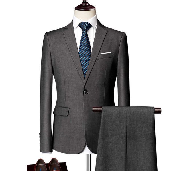 Trajes formales para hombres (chaqueta + pantalones) de dos piezas Color puro Slim-fitting Tuxedo Business Boutique Moda Ropa de hombre Conjunto de traje X0909