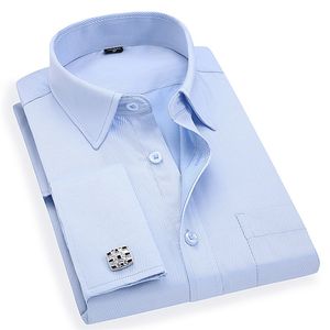 Boutons de manchette français pour hommes Chemises habillées d'affaires Manches longues Blanc Bleu Sergé Asiatique Taille M, L, XL, XXL, 3XL, 4XL, 5XL, 6XL 220222