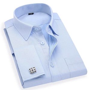 Men 's French Cufflinks Business Dress Shirts Long Sleeves White Blue Twill Asian Size M L XL XXL 3XL 4XL 5XL 6XL 210701