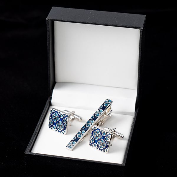 Boutons de manchette et pince à cravate chemise française pour hommes avec boîte motif trèfle bleu émail bouton de manchette épingles à cravate cadeaux de noël de mariage
