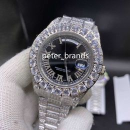 Men's full Iced Diamond Wristwatch prong set Watch Silver Stainless Steel Case black face Diamond Strap Automatic Mechanical Watch 243e