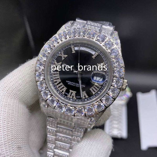 Ensemble complet de broches de montre-bracelet à diamants glacés pour hommes Montre boîtier en acier inoxydable argenté cadran noir bracelet en diamant montres mécaniques automatiques