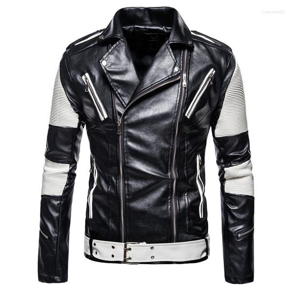 Piel de los hombres 2023 Moda Hombres Chaquetas de cuero Abrigos Cremalleras múltiples Patchwork Chaqueta de motocicleta Slim Fit Punk