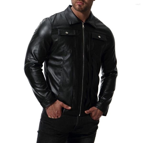 Chaqueta de motociclista con lavado de agua y piel de otoño para hombre Chaquetas de piel sintética con cuello vuelto negro