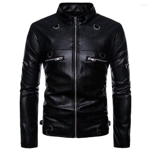 Chaqueta de motociclista a la moda de piel para hombre, ropa de calle de PU para hombre, abrigo informal ajustado de cuero con cuello levantado para motocicleta, abrigo estilo Hip Hop para otoño, prendas de vestir