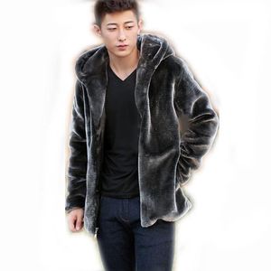 Otoño Invierno para hombre abrigo de piel de visón corto gris con capucha de felpa esponjoso masculino de talla grande Xxxl 4xl 5xl abrigo cálido para hombres