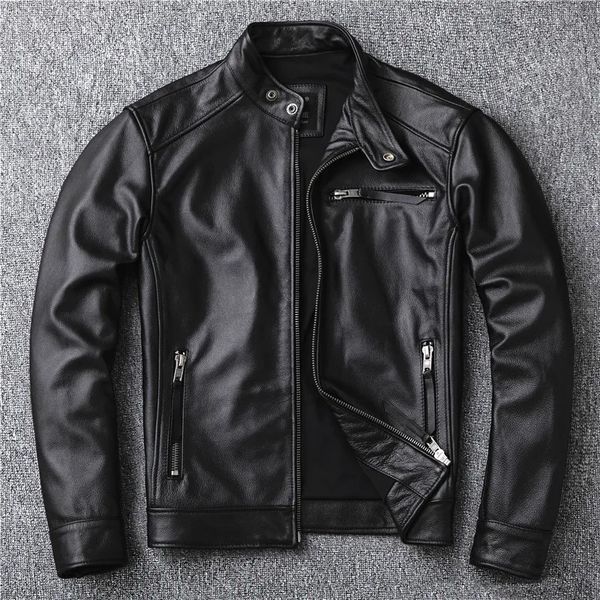 Chaqueta de cuero genuino negro estilo motor clásico de imitación de piel para hombre moda para hombre abrigo de cuero informal motociclista callejero ventas al por mayor 231219