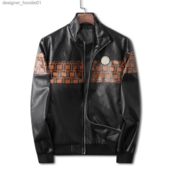 Piel de hombre Piel sintética 23ss Abrigo para hombre Chaqueta de cuero de diseñador Cadena de quilates Chaqueta con letras bordadas Cuello alto Bomber Moda Ropa de calle Tamaño M-3XL L230913