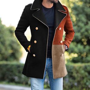 Heren bont namaakbont herfst en winter 2022 nieuwe jas revers jeugd kleurblokkerende wol casual double-breasted trenchcoat voor mannen T221007