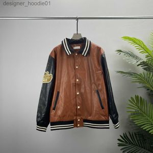 Piel de hombre Piel sintética Marrón Béisbol Uniforme Chaqueta de cuero Estilo americano Abrigo de cuero Toalla Bordado Ambiente simple Tamaños S-XXL L230913