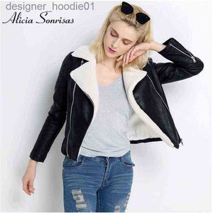 Piel para hombre Piel sintética Piel de oveja sintética Shearling Abrigo de invierno Mujer Negro Cálido Motocicleta Calle Suave Piel de cordero Chaqueta de cuero femenina UV3018 Y0829 L230913