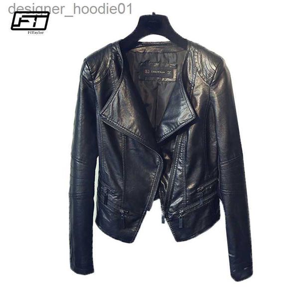 Fourrure pour hommes Fausse fourrure Fitaylor Printemps Automne Dames Moto Vestes en cuir Femmes Col rabattu Fermeture à glissière Slim Noir Moto Biker Veste Femme LJ201126 L230913