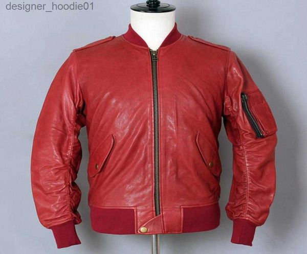 Chaqueta de vuelo de piel sintética para hombre, chaqueta de piel de oveja, chaqueta de cuero genuino para hombre, abrigo de cuero para motociclista, uniforme de béisbol de bombardero rojo 7136675 L230913