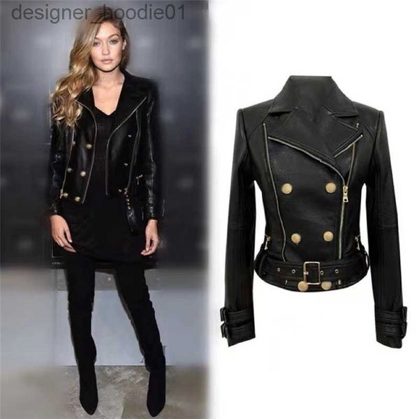 Piel de los hombres de piel sintética hebilla de oro PU chaquetas de cuero para mujer abrigos de diseñador moda señoras chaqueta de motocicleta L230913