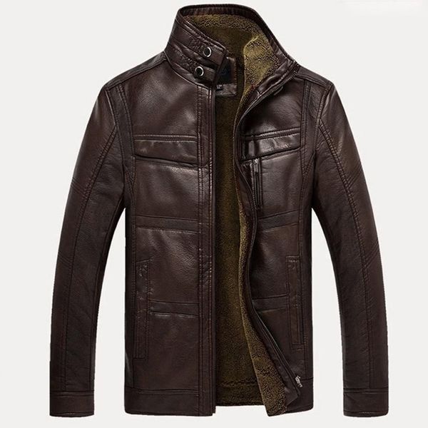 Chaqueta de piel sintética para hombre, manga larga, cuello alto cálido, piel sintética, chaqueta corta con cremallera y forro polar para hombre 221114