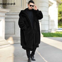 Fourrure pour hommes fausse fourrure Mauroicardi hiver noir surdimensionné long chaud moelleux manteau en fausse fourrure femmes avec capuche fermeture éclair manches longues en vrac mode coréenne 2021 T221102