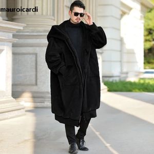 Fourrure pour hommes Fausse Fourrure Mauroicardi Hiver Noir Surdimensionné Long Chaud Moelleux Fausse Fourrure Manteau Femmes avec Capuche Fermeture Éclair Manches Longues Lâche Mode Coréenne 231215