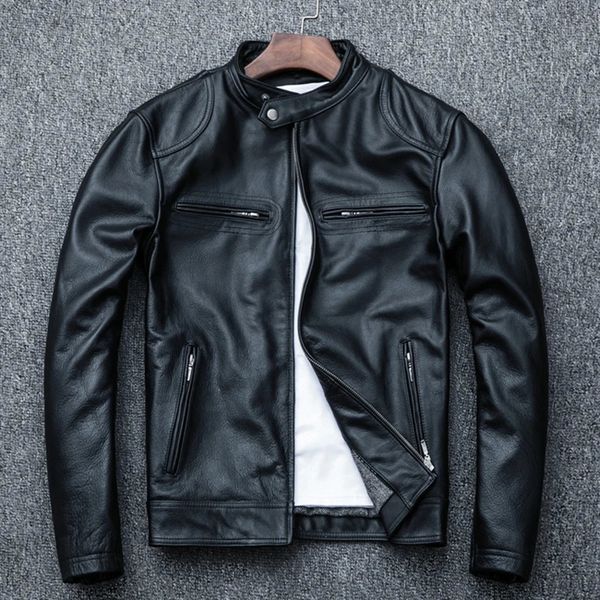 Chaqueta de cuero genuino para motocicleta de primavera para hombre, abrigo corto delgado de piel de vaca, para motorista, corredor, piel de becerro Natural, talla de ropa