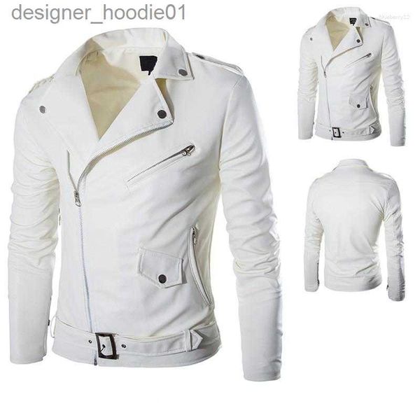 Piel de hombre Piel sintética Chaquetas para hombres Moda PU Chaqueta de cuero Hombres Hebilla Cremallera Cuello de solapa Británico Negro Blanco Punk Rock Outwear Abrigos 2023 L230913